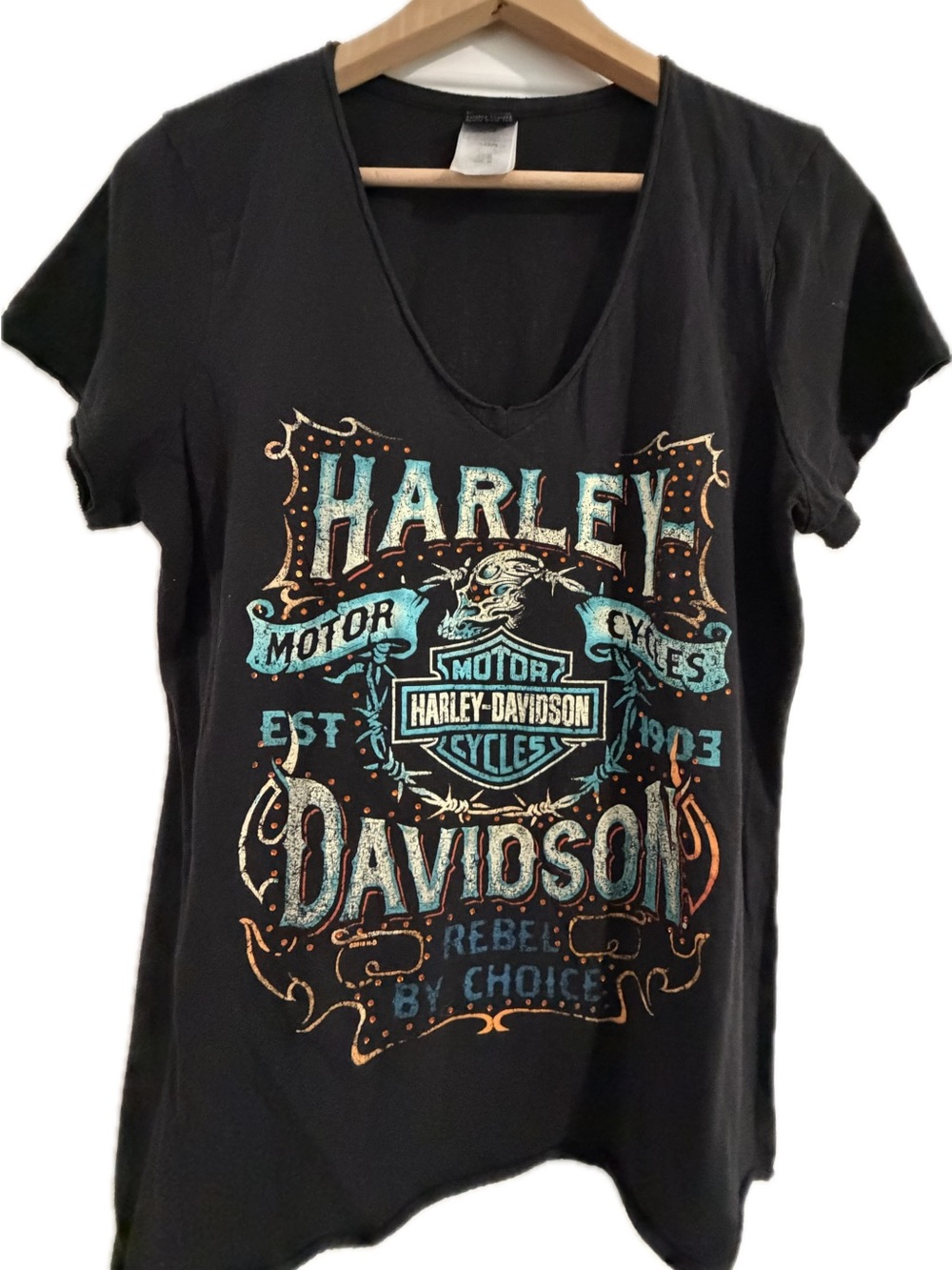 Harley-Davidson Black V-Neck Tee with Teal & Orange Graphic